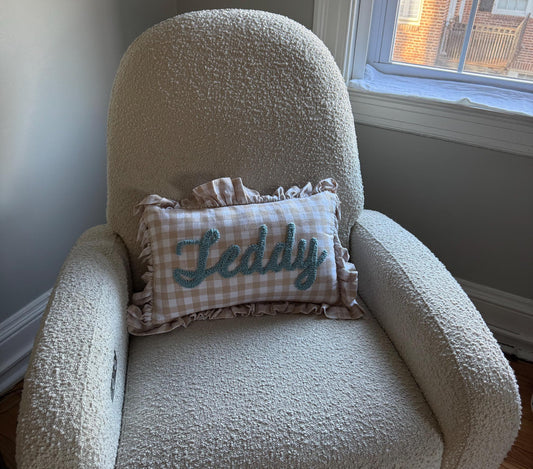 Beige and blue gingham ruffle pillow