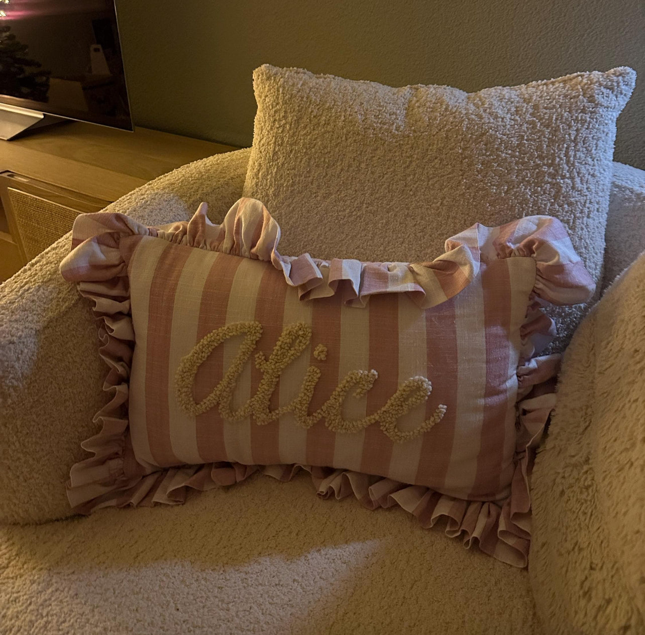 Pink and cream ruffle pillow