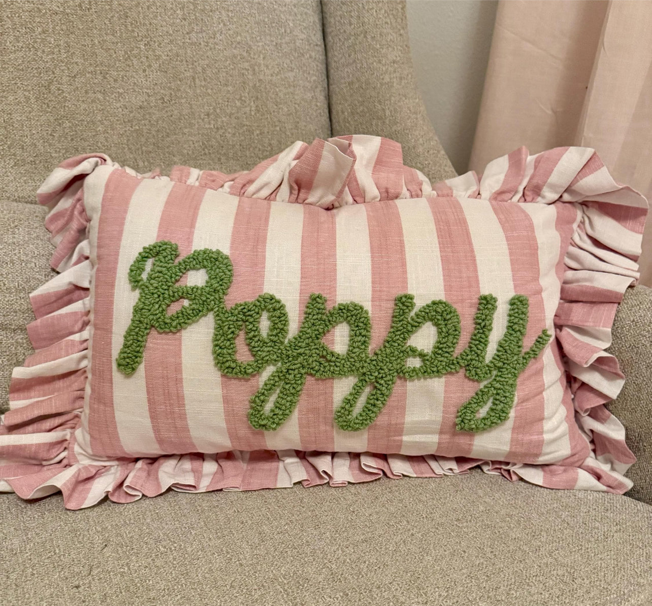 Pink and green ruffle pillow