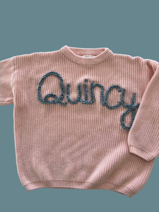 dusty blue on ballet pink personalized sweater